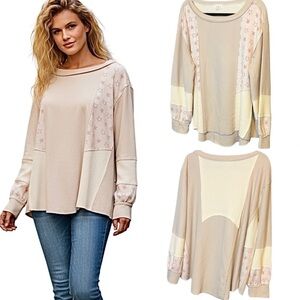 POL Oversize Patchwork Star Pullover Thermal Blush Sweatshirt S or M New!